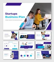 Startups Business Plan slide in blue-purple theme featuring mission, market analysis, and sales strategies with diagrams.