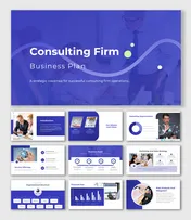 Consulting Firm Business Plan with blue theme, service offerings, marketing, financial plan, and risk analysis.