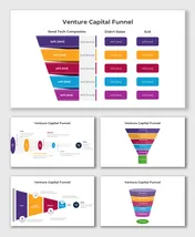 Venture Capital Funnel is a multicolor layered funnel with labeled steps, tracking progress from seed to exit for clarity.