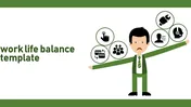 Illustration of a man in suit balancing multiple icons related to work on his extended arms, all in green accents.