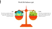 Visual representation of work life balance, featuring a scale with life and work symbols on either side.