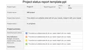 Project status report template featuring sections for project type, name, description, status, and a detailed summary.