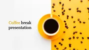 Yellow coffee cup on a split white and yellow background with scattered coffee beans and the text.