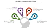 Illustration of colorful light bulbs sprouting from a human head, each with captions for brainstorming presentation ideas.