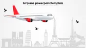 Slide design with featuring a flying airplane with a red tail, set against a backdrop of famous landmarks.