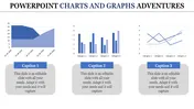 Slide showcasing three different types of colored charts an area chart, a bar chart, and a line chart, with captions below.