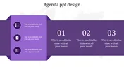 Agenda PowerPoint template with a purple layout featuring three vertical icons and numbered sections for key points.