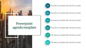 Cityscape background with a white text box, and a list of six numbered teal color captions on the right.