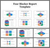 Collection of slides with four blocker report templates, using colorful hexagons, stacked blocks, and circular layouts.