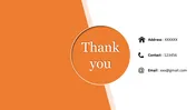 Orange themed thank you slide with address, contact number, and email placeholders.