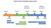 Color coded Gantt chart slide outlining a yearly project timeline with quarterly milestones and description boxes.