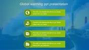 Global warming slide with four green boxes, each containing an icon and placeholder text, in a backdrop of pollution.