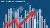 A stock market slide showing a rising red arrow over a background of bar and line graphs with a world map.