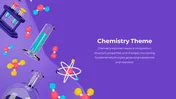 Chemistry themed slide featuring lab equipment, molecular models, and atomic symbols on a purple background.