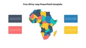 A slide featuring a multi-colored map of Africa in the center with four editable text boxes positioned at the corners.