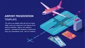 Isometric view of an airplane on a runway with luggage, tickets, and a passport, placed on a blue themed background.