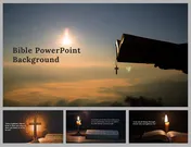 A slide deck background featuring a silhouette of an open Bible with a cross pendant against a sunset sky.