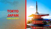 Slide with bold red and yellow text on a gradient background beside a bright image of a Japanese pagoda.