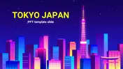 Tokyo skyline illustration with colorful pink gradient buildings under a blue starry night sky.