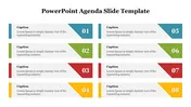 Vibrant agenda template for PowerPoint featuring eight numbered and captioned segments with different colors