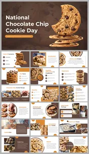 Pack of slides featuring images of cookies, with sections on recipes and impact on brown and orange design.