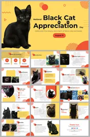 Slide deck showing images of black cats, covering history, myths, and breeds, in yellow and red themes.