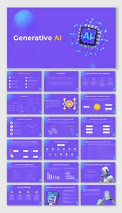 Generative AI presentation slide deck with a purple theme, showcasing various topics and graphics related to AI.