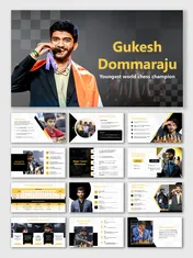 Gukesh Dommaraju slide deck with visuals, placeholders, and chess-themed design highlighting achievements and career journey.