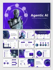 Agentic AI slides with futuristic visuals, tech-inspired designs, and placeholders illustrating AI automation concepts.