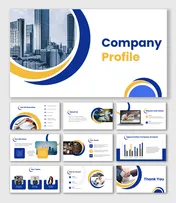 Company profile template with blue and yellow accents, featuring structured sections and circular image placeholders.