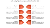 Agenda slide with eight numbered orange arrow shapes arranged in two vertical columns, paired with captions on either side.