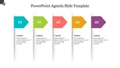 Agenda slide with five colorful arrows in blue, green, red, yellow, and purple numbered 01 to 05 and placeholder text.