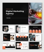 Digital marketing agency slides showcasing mission, solutions, financials, milestones, and global support with bold visuals.