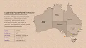 Australia map slide showing state boundaries and major cities, with a text box providing country details.