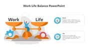 A slide showing work-life balance with a scale representing work and life, featuring a person balancing, with two text boxes.