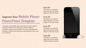 A template showcasing a mobile phone on the right with text content on the left, labeled icon from one to four.