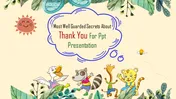 Cartoon animals under a smiling sun with a text for thank you slide in a fanciful bubble in a nature-themed background.