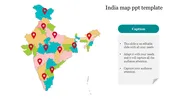 A template featuring colorful India map with red location markers across various regions, with a text box and bullet points.