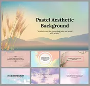 Collection of slides showcasing pastel hues in soft gradients, nature imagery, and simple, elegant designs.