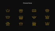 Set of gold crown icons on a black background slide, featuring various crown designs in a minimalist style.