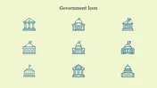 Government icon set featuring various minimalistic line drawings of government buildings with flags.