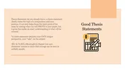 Beige slide with a detailed text on  good thesis statements on the left and icons with a dollar sign in a yellow circle.