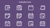 Twelve white calendar icons on a purple background, represent different calendar styles and features.