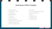 Book report slide with text instructions in two columns on a white background, bordered by a teal frame.