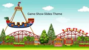 Pirate-themed game show slides featuring a pirate ship ride, roller coaster, Ferris wheel, and other carnival attractions.