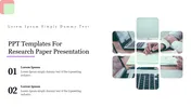 Slide design for research paper presentations with images of workspaces, laptops, and note-taking with text areas.