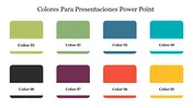 Colores para presentaciones slide featuring eight color blocks labeled from Color 01 to Color 08.