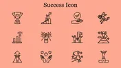 A collection of 12 success-themed icons on a peach background, featuring trophies, graphs, and victory symbols.