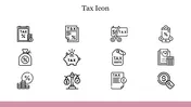 Tax icon set featuring a variety of black and white line illustrations representing different aspects of taxation.