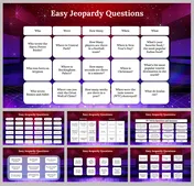 A pack of easy jeopardy questions slides featuring a game board layout with many categories on a glittered backdrop.